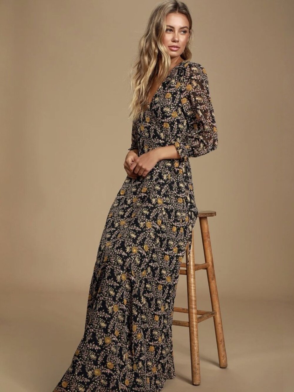 Lulus Meet Me There Black Multi Floral Print Wrap Maxi Dress​ NWT - Picture 5 of 10